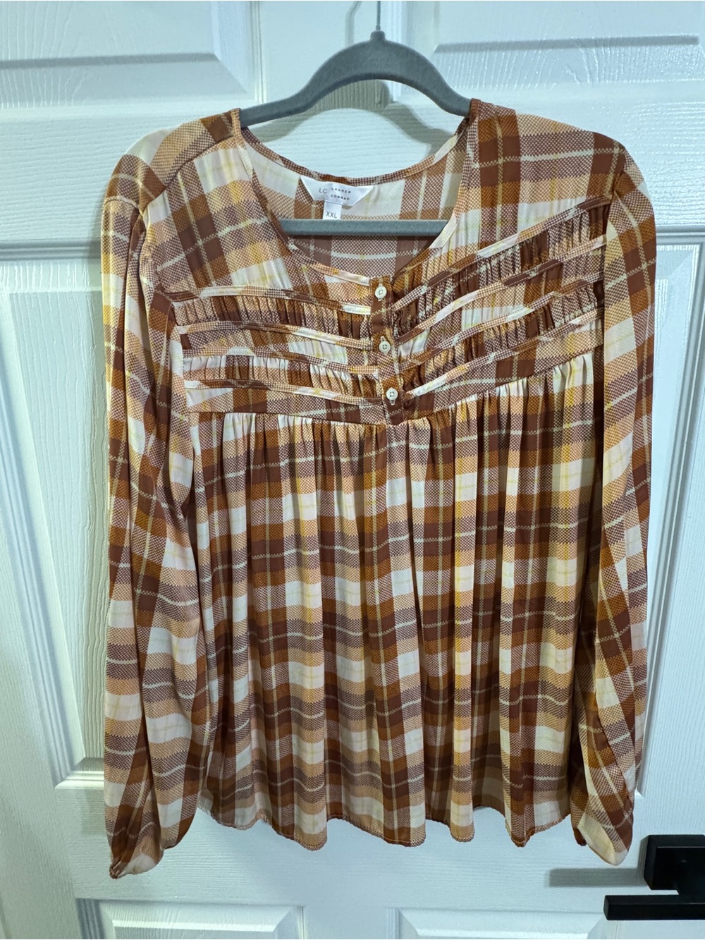 Plaid Button-Front Long Sleeve Top - Brown Plaid